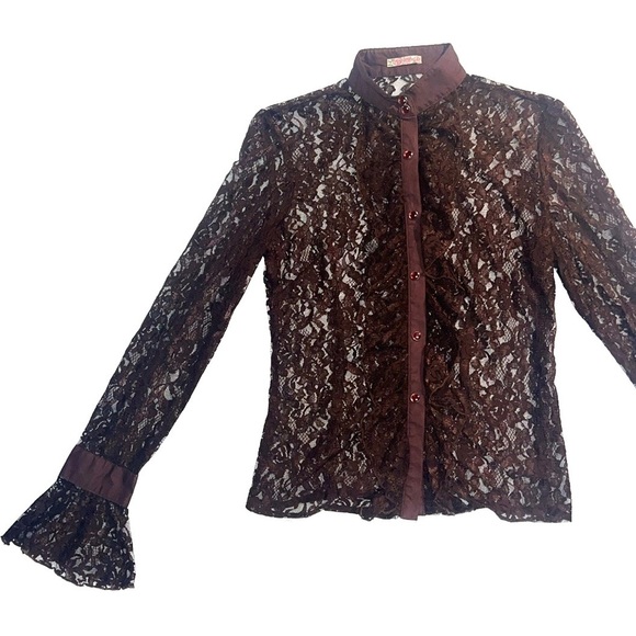 Princy by Jessica Simpson Y2K Brown Sheer Lace Ruffle Button Down Blouse - Picture 1 of 8